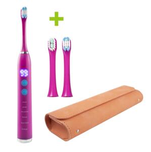 Elektryczna soniczna szczoteczka do zębów OXE Sonic T1, podróżne etui i 2x wymienne końcówki do szczoteczek do zębów, różowa
