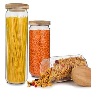 Klarstein Glaswerk Lovage, pojemniki na żywność, zestaw 3 szt., 0,75 l, 1,1 l, 1,5 l, szkło borokrzemowe, pokrywka z drewna akacjowego, silikon