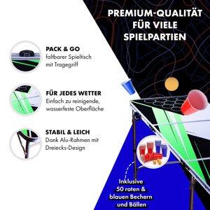 BeerCup Backspin Neon, stół do beer ponga, zestaw, uchwyty do przenoszenia, uchwyt na piłeczki, 6 piłeczek