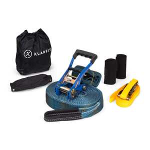 KLARFIT Antero, zestaw slackline, taśma do chodzenia, 15 m x 5 cm, taśma z grzechotką 2,5 m, 2 ochraniacze na drzewa, taśma pomocnicza i torba