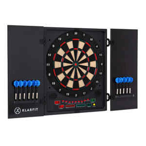 KLARFIT Dartmaster 180, tarcza do gry w darta, drzwiczki, 12 rzutkek + 24 groty, zasilacz, montaż na ścianie